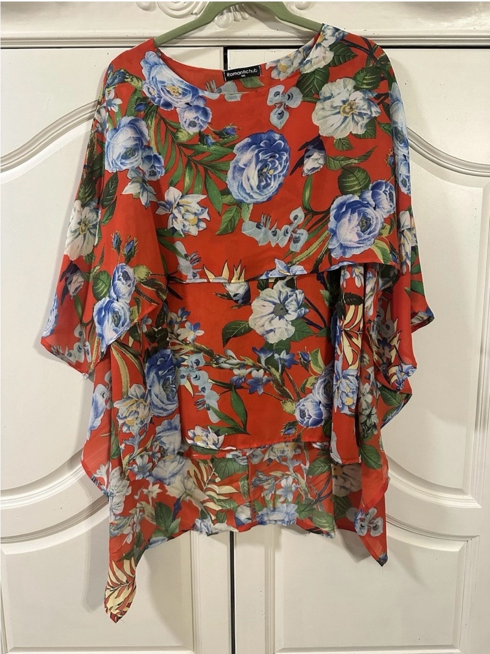 RomanicRuby Orange Floral Flutter-Sleeve Tunic